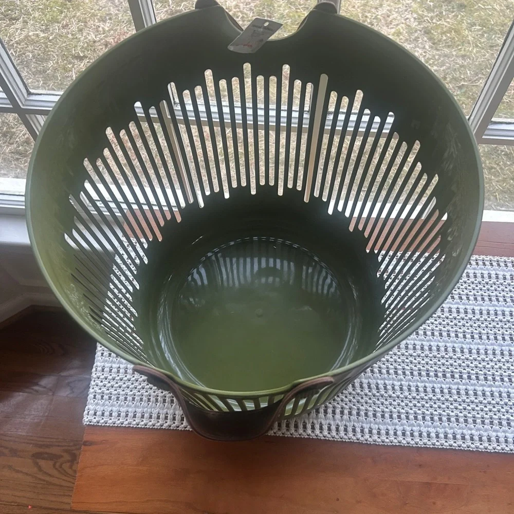 Viral JAPANDI Round Olive Green Storage Basket Leather Handles NEW